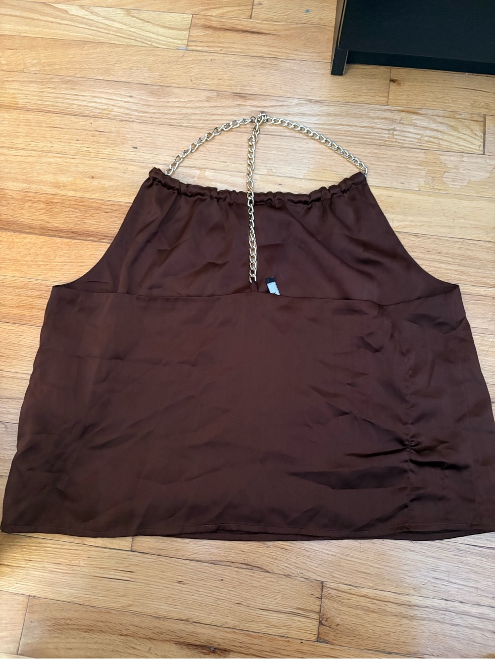 Brown Satin Halter Top with Gold Chain Strap large